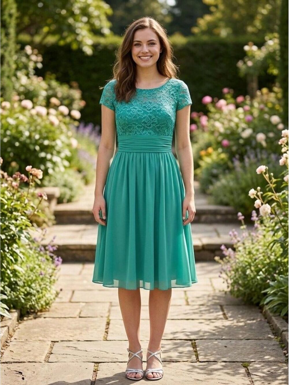 Fanny #1224 Short Chiffon & Lace Formal or Bridesmaid Dress-Size M-Jade-NEW